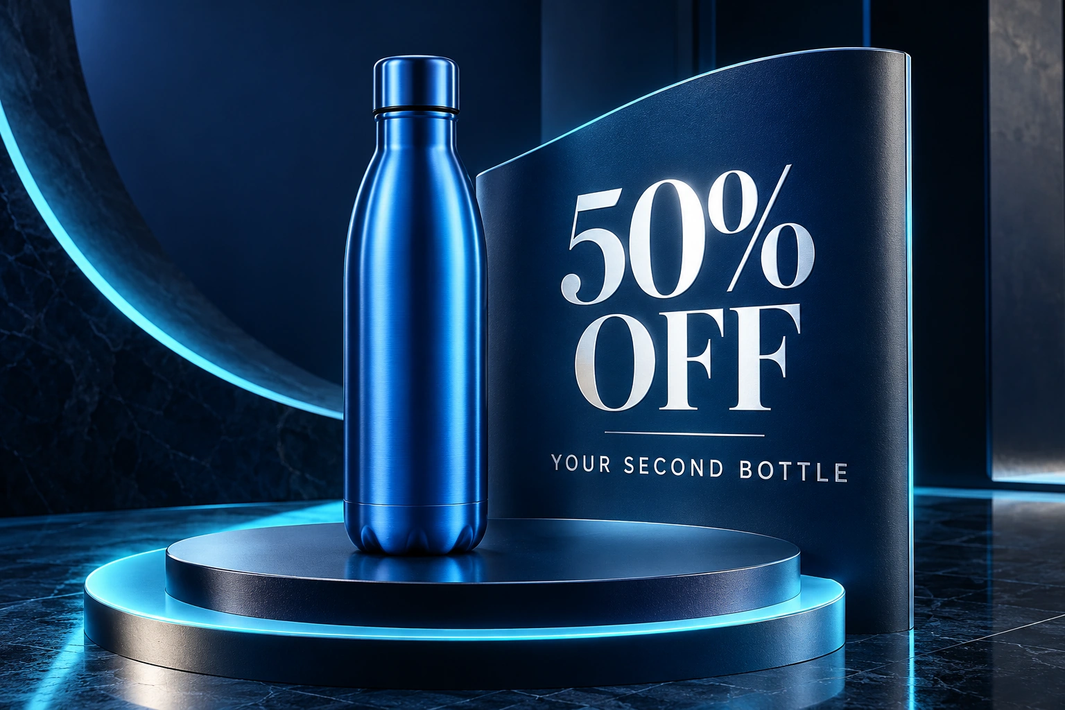 Blue bottle promotion showing 50% off your second bottle