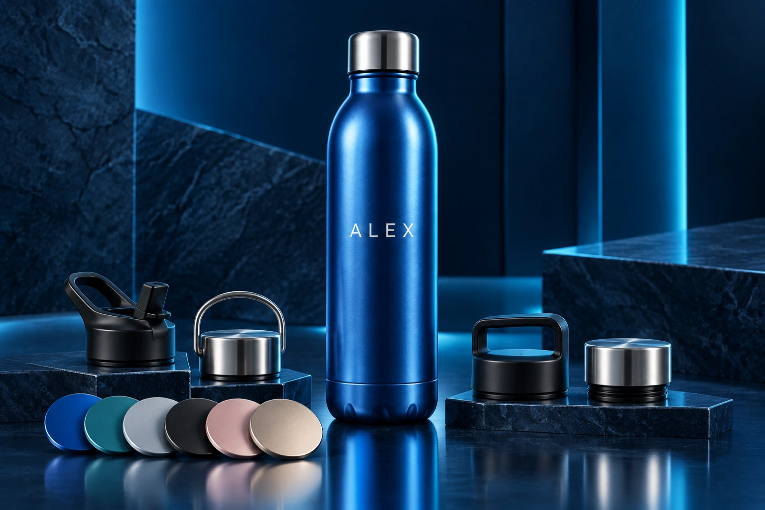 Concept: personalised blue bottle with interchangeable lids and colour samples