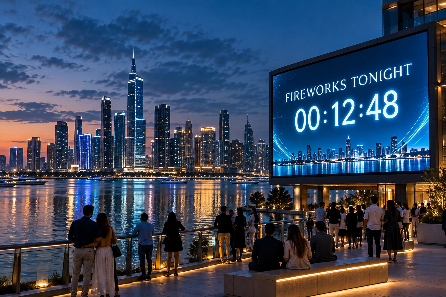 Waterfront event screen counting down to tonight’s fireworks