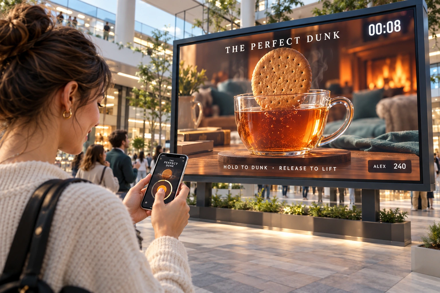 Illustrative concept: a player holds a phone control to dunk a giant biscuit on a digital screen with a countdown and score.