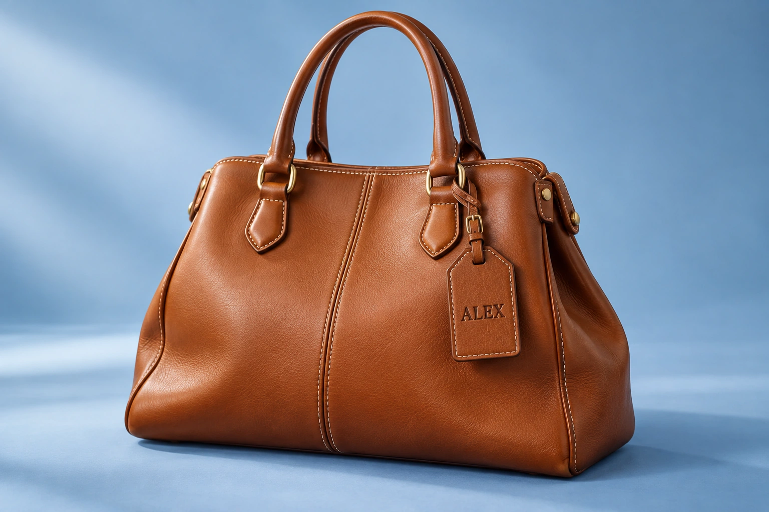 Luxury leather bag with ALEX embossed on its leather tag